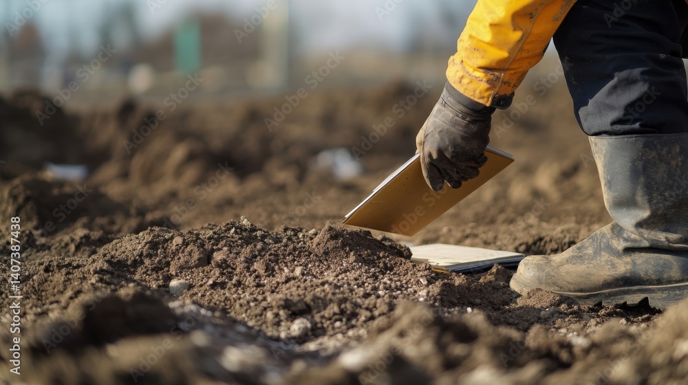 Fototapeta premium Geotechnical engineer collecting soil sample at excavation site. Featuring precision and analysis