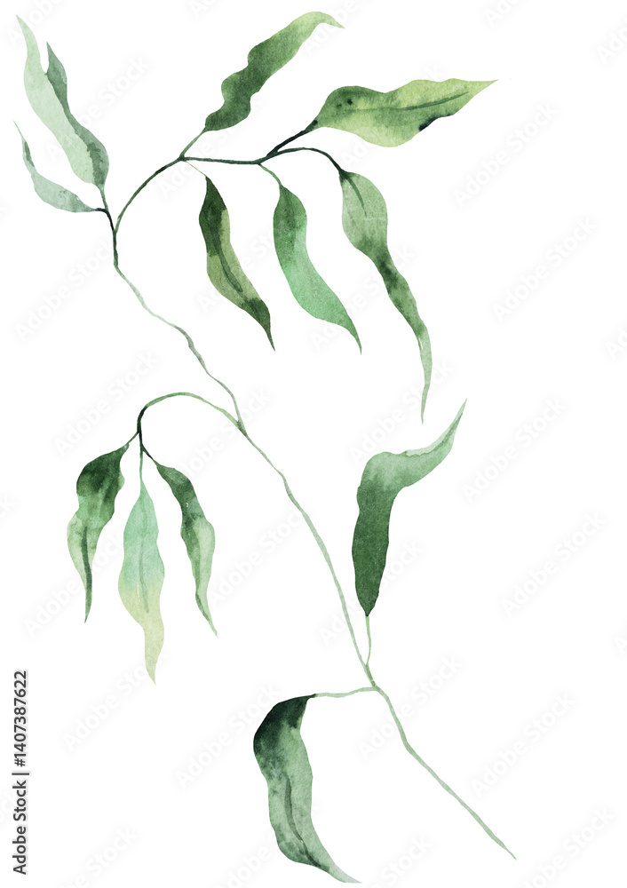 Watercolor twig with green leaves isolated illustration, botanical summer wedding element