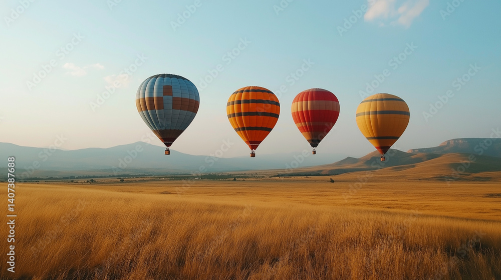 Obraz premium Hot air balloons flying over golden field at sunset