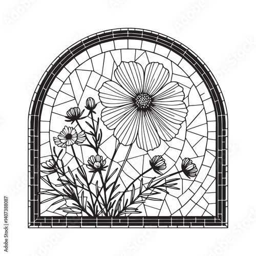 Abstract Coreopsis Floral Artwork in Stained Glass Mosaic Frame Outline
