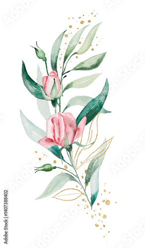 Bouquet made of pink watercolor flowers and green leaves, isolated wedding and greeting illustration