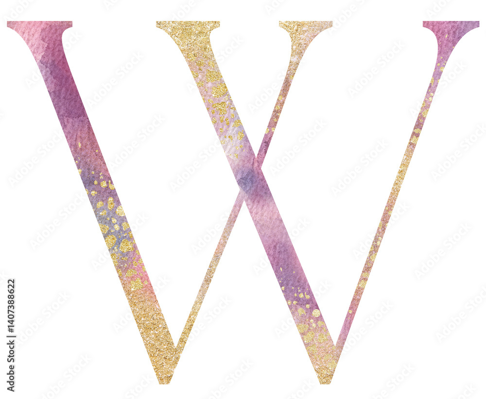 Light pink watercolor letter W with golden splashes, romantic wedding isolated monogram initials