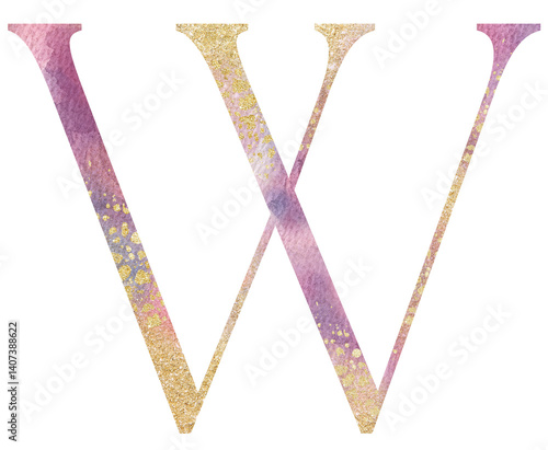 Obraz na płótnie Light pink watercolor letter W with golden splashes, romantic wedding isolated monogram initials w salonie