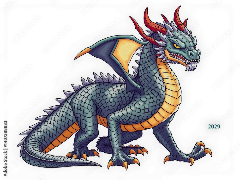 A dragon with red eyes and horns stands on a white background. The dragon is the main focus of the image and is depicted in a stylized and cartoonish manner. Scene is playful and whimsical