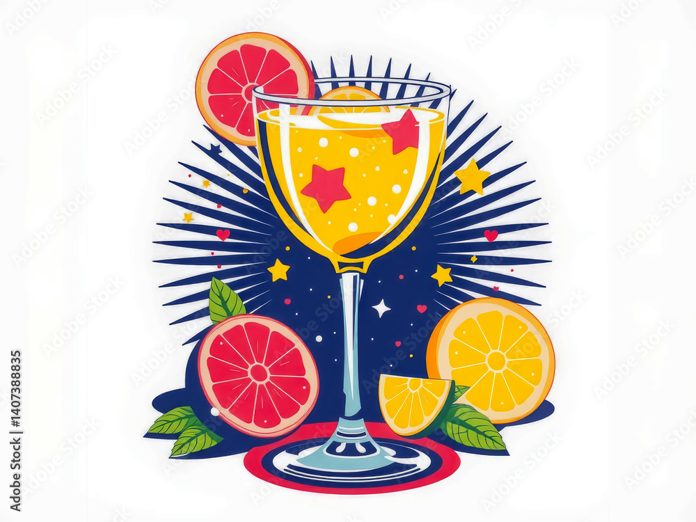 A glass of orange juice with a slice of orange on top. The glass is half full and the orange slice is on the rim of the glass