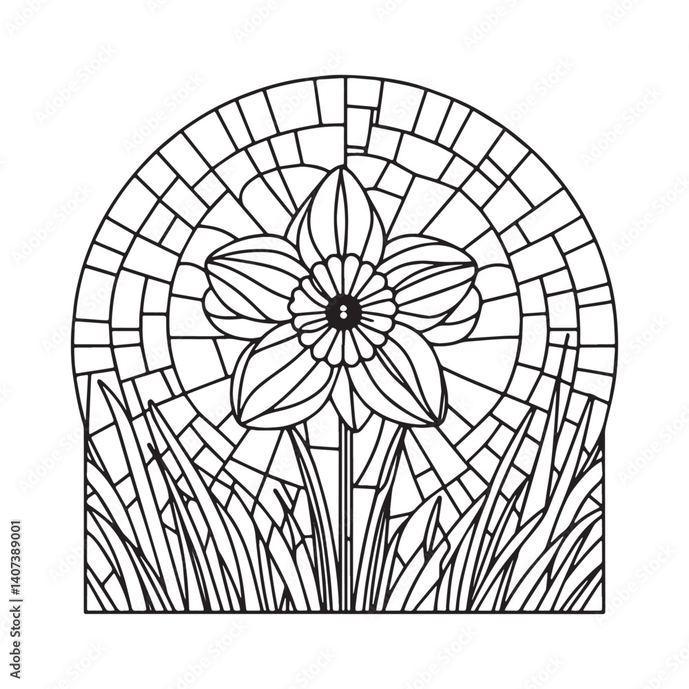 Obraz premium Daffodil flower within an arched mosaic frame in a minimalist line art style