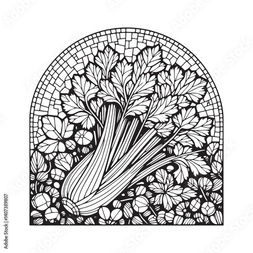 Elegant mosaic celery artwork featuring detailed leaves and stalk design