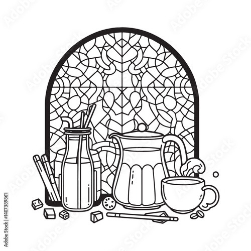 Elegant milk tea still life with mosaic arc frame in minimalist style