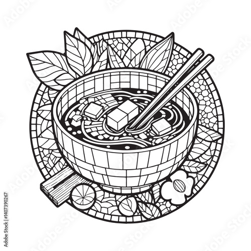 Intricate monochrome rendering of traditional miso soup with mosaic art elements