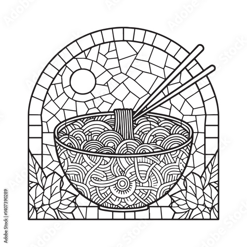 Intricate noodle bowl outlined mosaic within an arch frame vector art