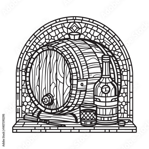 Intricate mosaic outline featuring a whiskey barrel and bottle arrangement