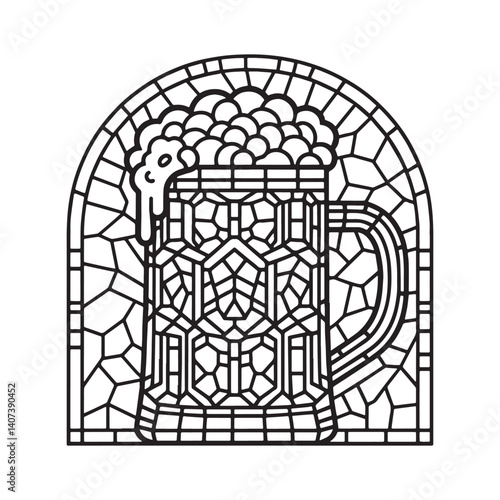 Mosaic beer stein outline in an arc frame, a decorative line art design