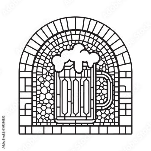 Stylized beer mug with foam in a minimalist mosaic pattern within a curved frame