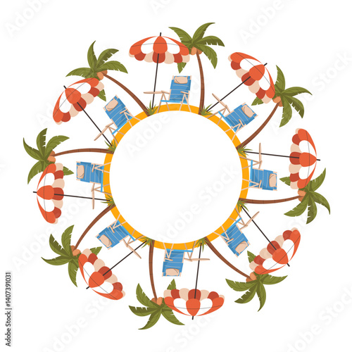 Travel summer banner with copy space and travel objects, palm leaves, sun lounger, beach umbrella. Concept of travel and vacation, trip to sea. Flat vector frame template isolated on white background.
