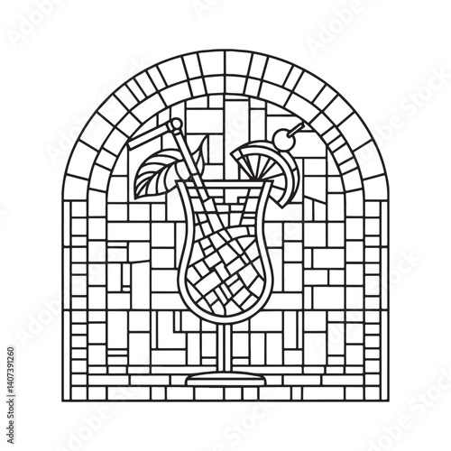 Stylized cocktail rendering within geometric arch, presented with mosaic outlines