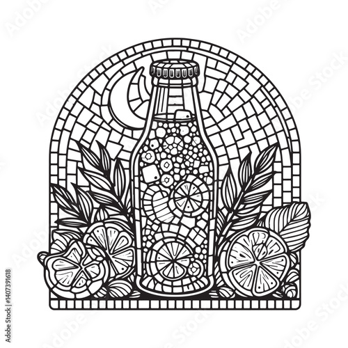 Stylized ginger ale bottle illustration featuring mosaic pattern and citrus elements