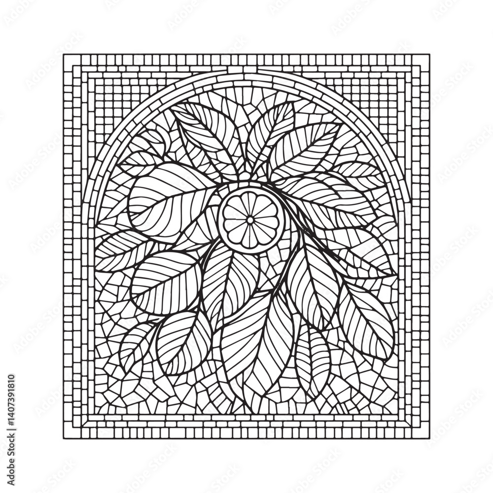 Stylized lemon foliage within mosaic framework in monochromatic outline art Stylized lemon foliage within mosaic framework in monochromatic outline art