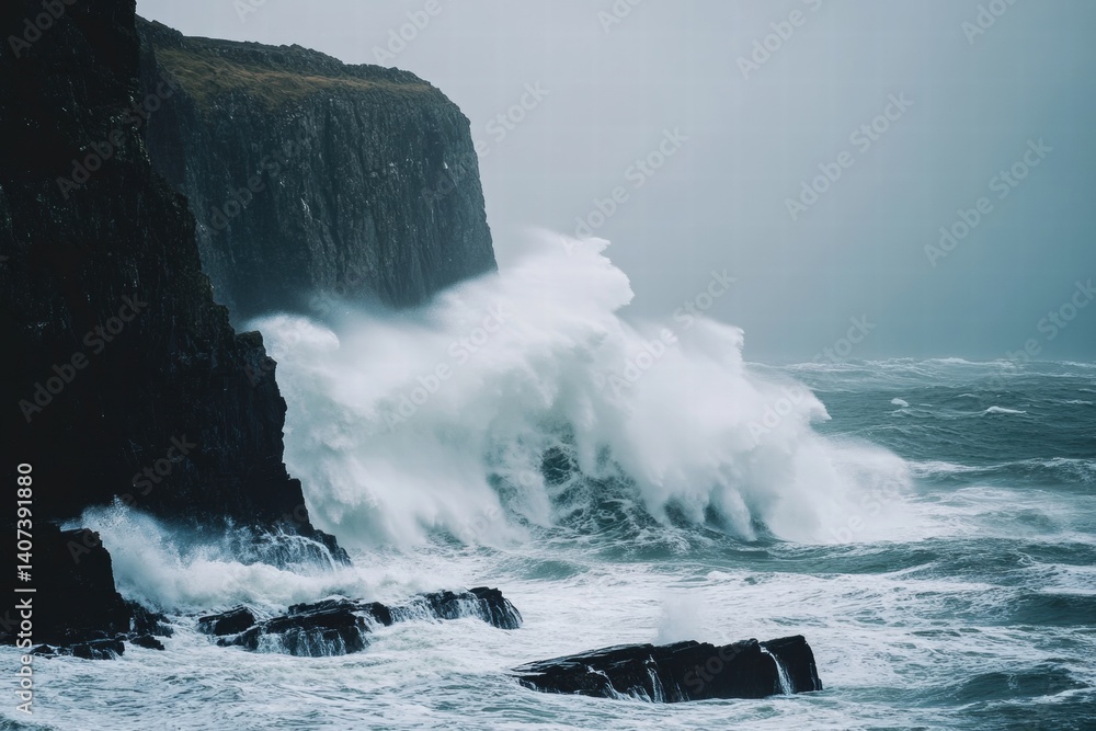 Obraz premium Huge crashing wave on rocky coastline