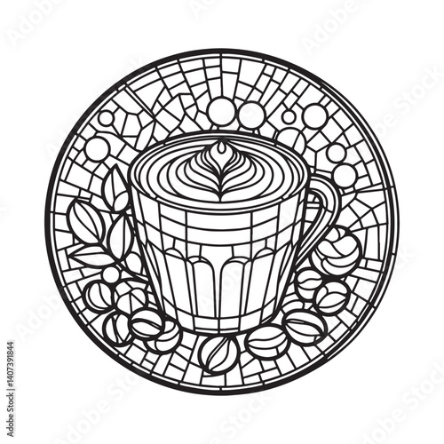 Stylized macchiato illustration with mosaic elements and simple arc frame