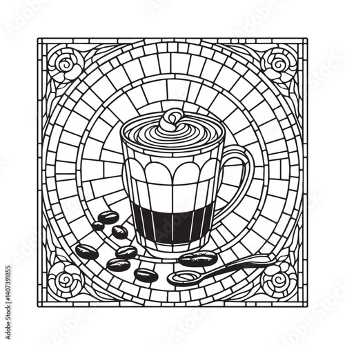 Stylized macchiato drink illustration in mosaic style with simple arc framing