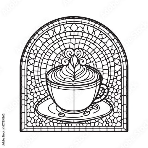 Stylized macchiato in geometric shapes, framed by an arched mosaic design