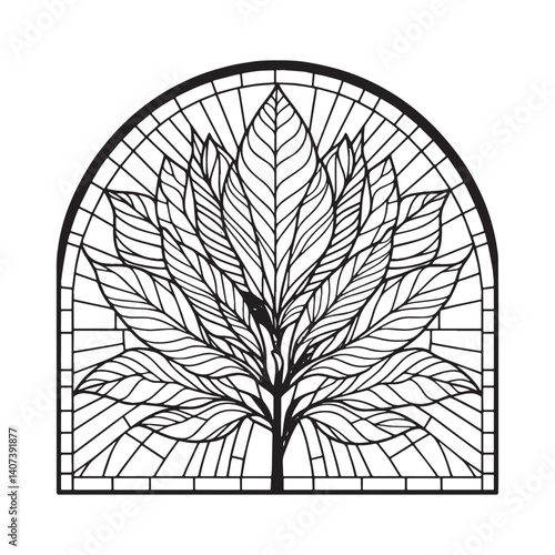 Stylized magnolia leaf design within a segmented arched frame artwork