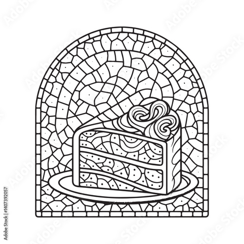 Stylized mosaic cake slice illustration in simple arched frame design
