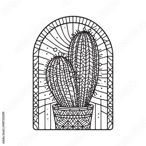 Stylized mosaic cactus pad in decorative arc frame isolated on white