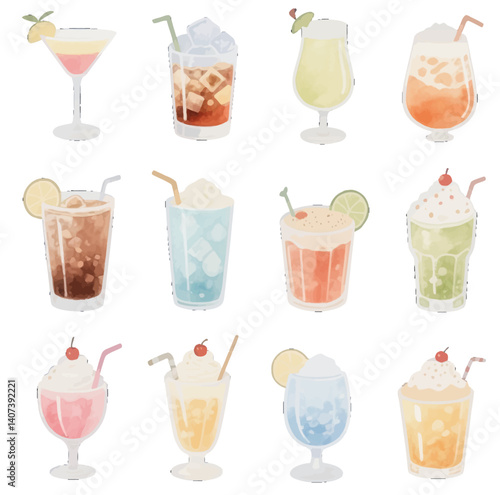 set of cocktails set of drinks and ice and juice ice cream