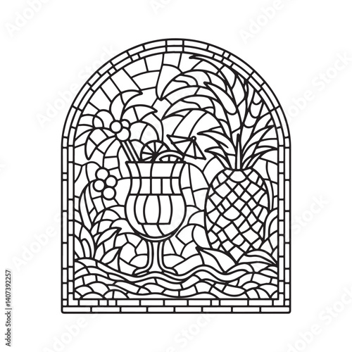 Stylized pina colada design in mosaic outline within framed arch shape