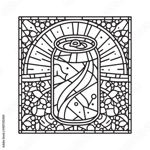 Stylized soda can outline design with mosaic patterns in simple arc frame