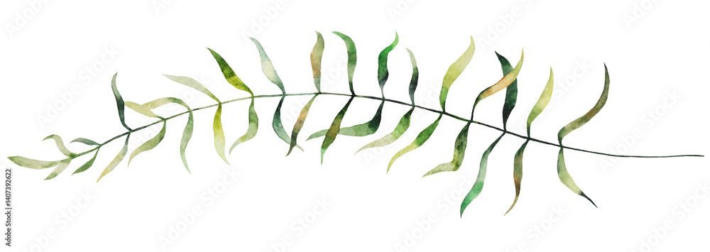 Watercolor tiny twigs with green leaves isolated illustration, botanical wedding element