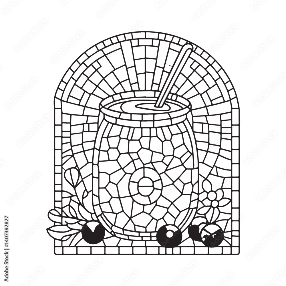 Obraz premium Yogurt Illustration in Stylized Stained Glass Design with Fruits Accents