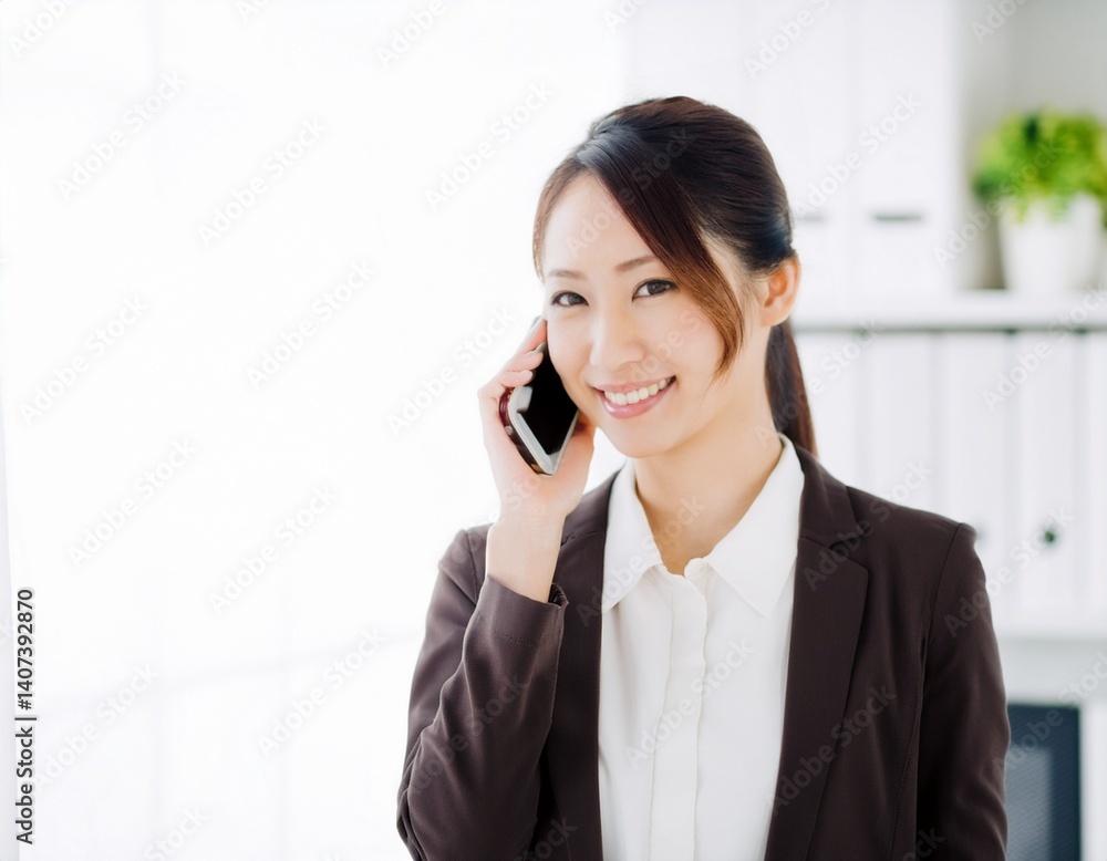 スマホで会話をする会社員 スマホで会話をする会社員