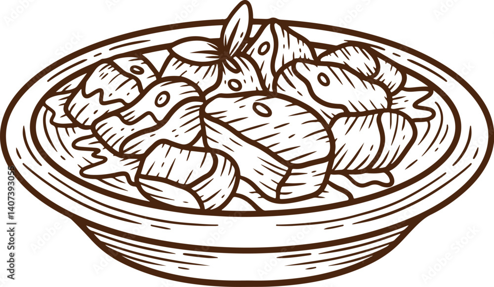 Hand Draw Rendang Icon hand drawn beef rendang illustration with fried spring onion in white ...