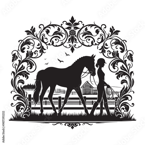 A woman training a young horse in the paddock victorian