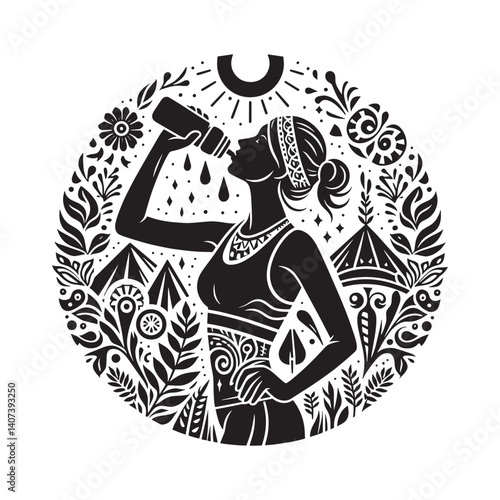 Abstract postworkout selfcare circular design featuring a woman drinking water
