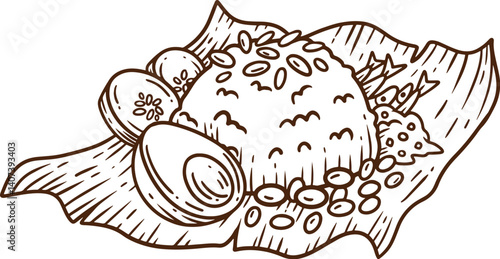 hand drawn nasi lemak illustration with boiled egg fried peanut and sambal sauce in leaf plate suitable for street food