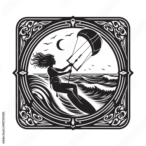 Art nouveau woman kitesurfing in ocean waves framed with ornate border