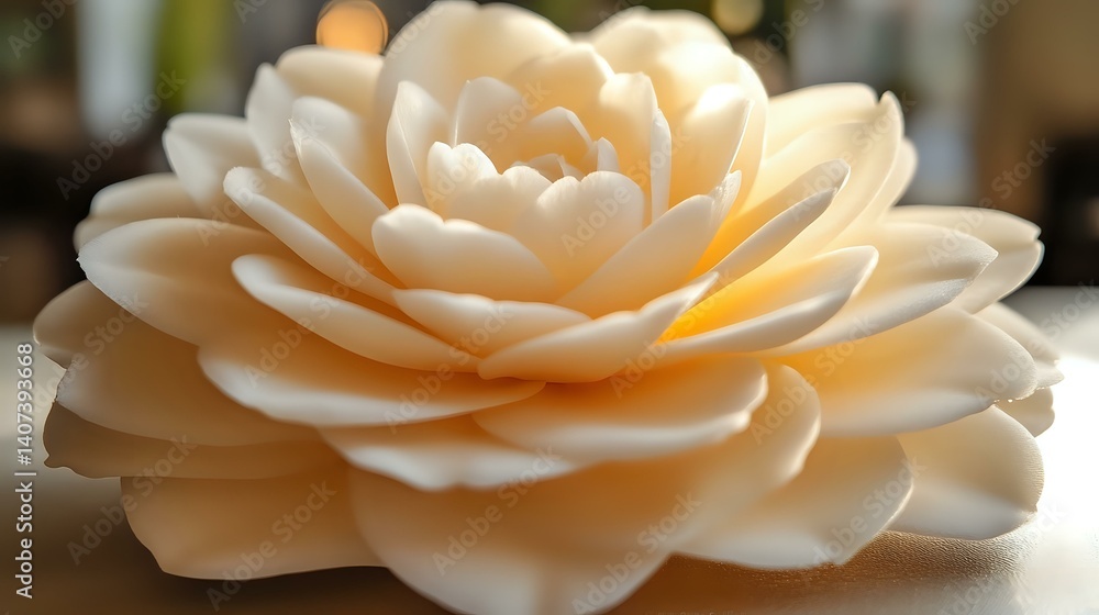 A stunning cream-colored camellia, smooth velvety petals arranged in full bloom, ultra-detailed macro shot with warm sunlight A stunning cream-colored camellia, smooth velvety petals arranged in full bloom, ultra-detailed macro shot with warm sunlight