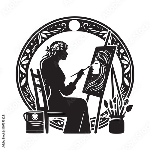 Artistic Silhouette of a Woman Creating a SelfPortrait on Canvas
