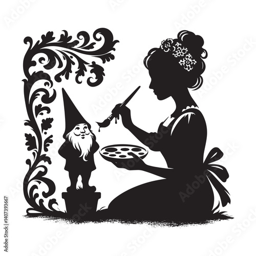 Artistic silhouette of a woman painting a charming garden gnome statuette