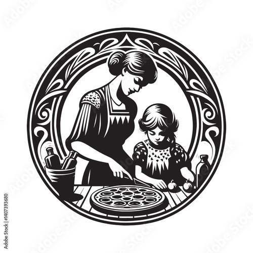 Black and white image of mother and child in kitchen crafting a treat together