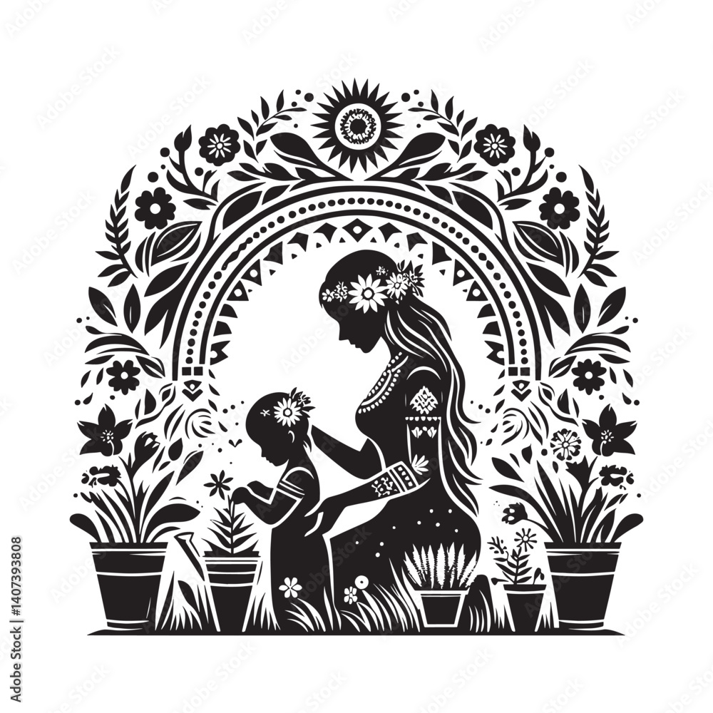 Fototapeta premium Bohemian Black and White Silhouette Illustration of Mother and Child Gardening