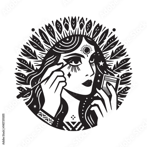 Bohemian woman with intricate makeup applying eyeliner for elegant visage