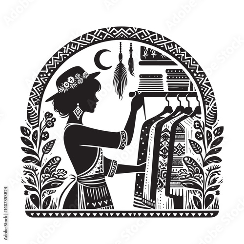 Bohemian fashion store assistant organizing apparel on a clothes rail