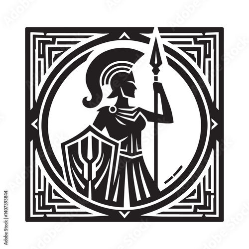 Bold female spartan warrior silhouette in black and white geometric frame