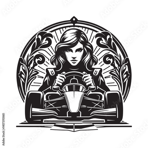 Bold woman racer behind the wheel, vintage racing car poised to start