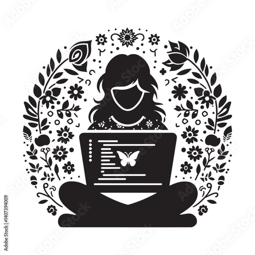 Creative coder silhouette with digital floral arrangement for software business