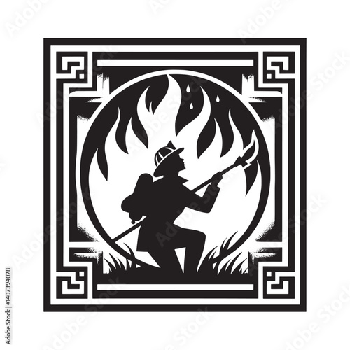 Courageous Silhouette of a Firefighter Confronting a Raging Blaze Heroically